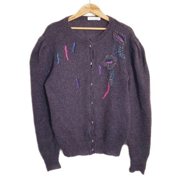 Vtg Purple Flower Wool Blend Cardigan - Picture 1 of 3